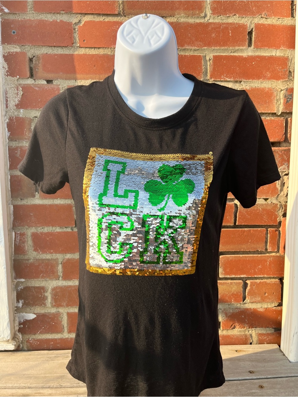 Black Short-Sleeve Women’s Sequin Tee with Green Shamrock Accent